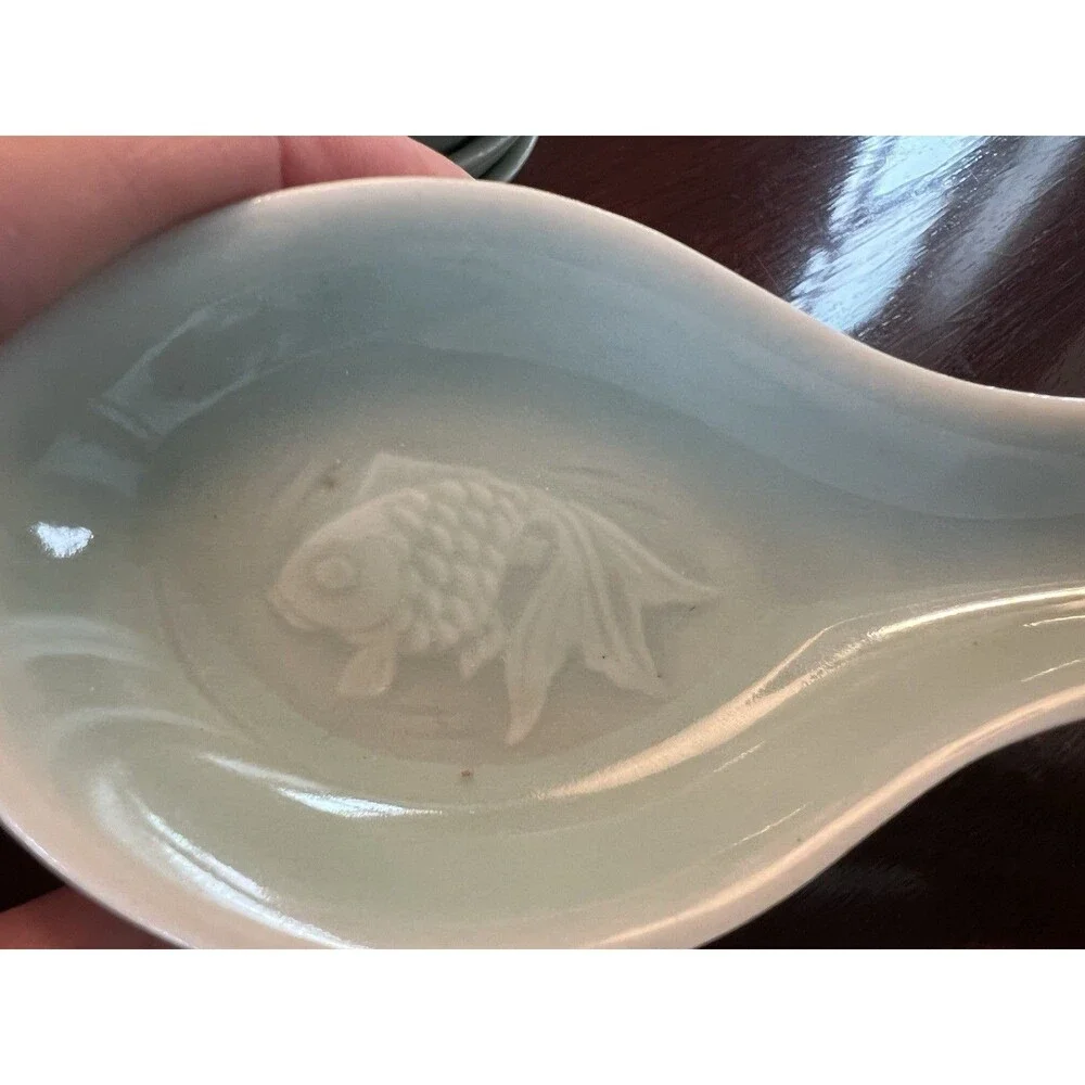 Longquan Celadon Koi Fish Rice Soup Bowls, Sauce Plates, Soup Spoons 18 Pieces